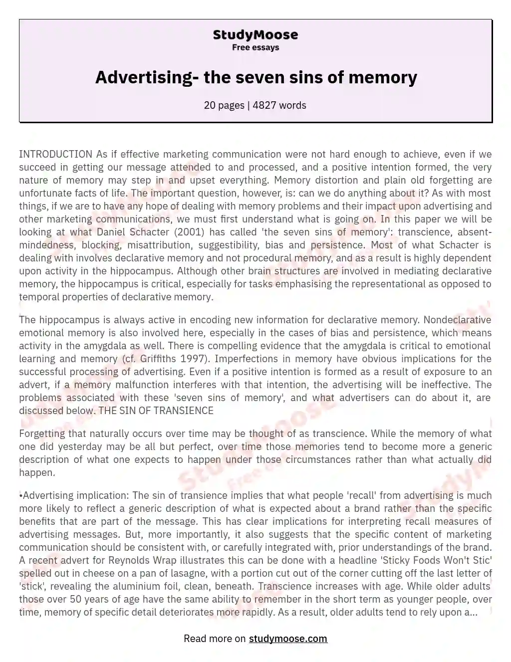 Advertising- the seven sins of memory essay