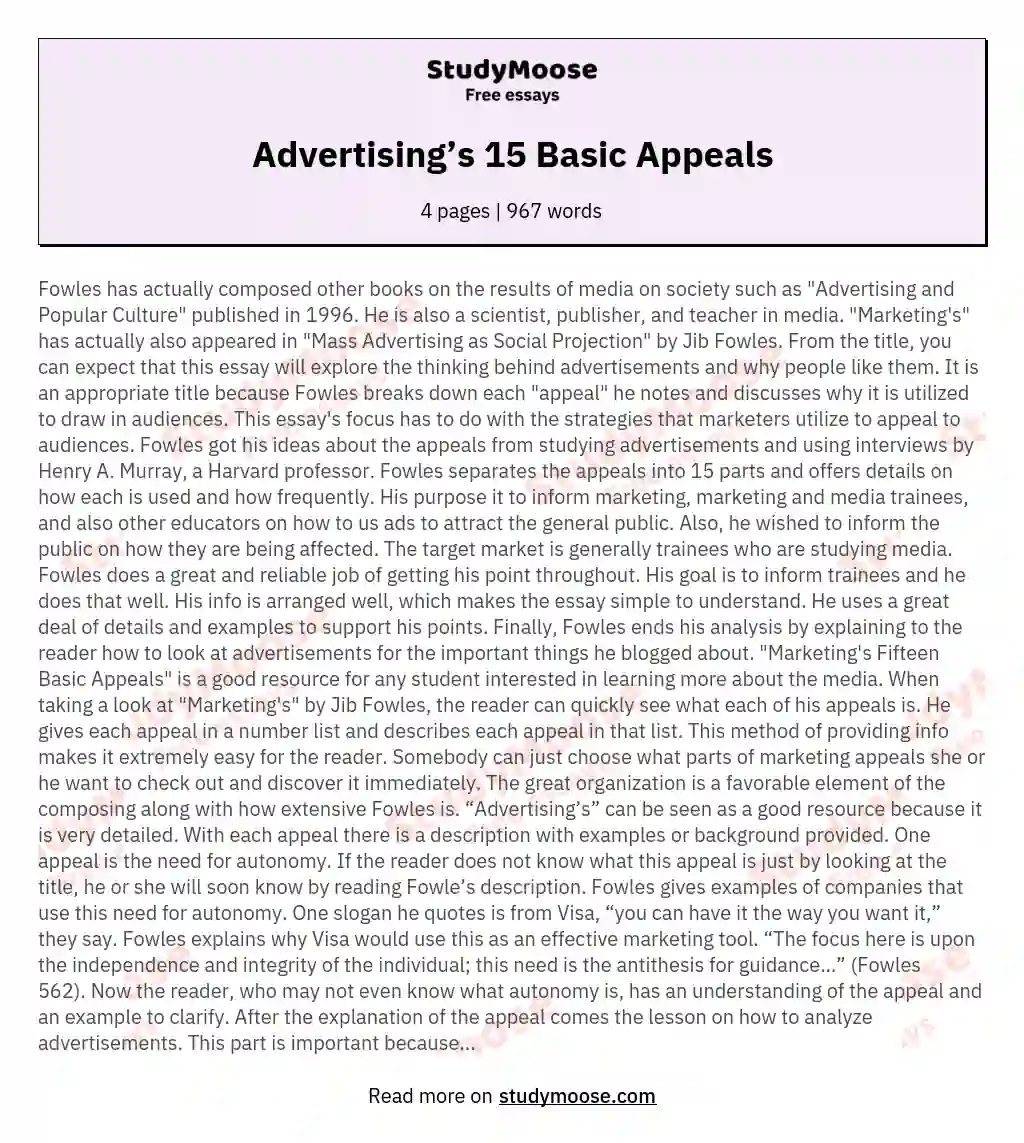 Advertising’s 15 Basic Appeals essay