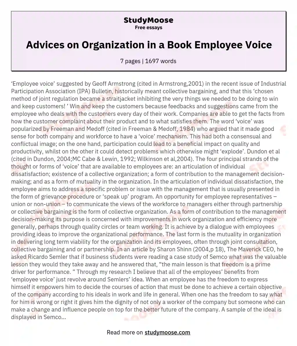 Advices on Organization in a Book Employee Voice essay