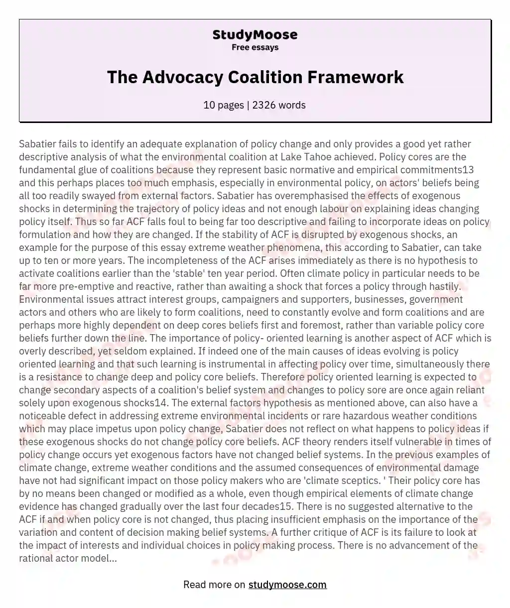 The Advocacy Coalition Framework essay