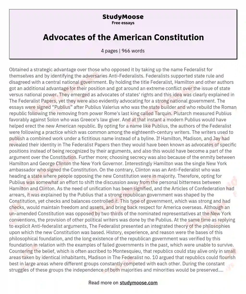 Advocates of the American Constitution essay