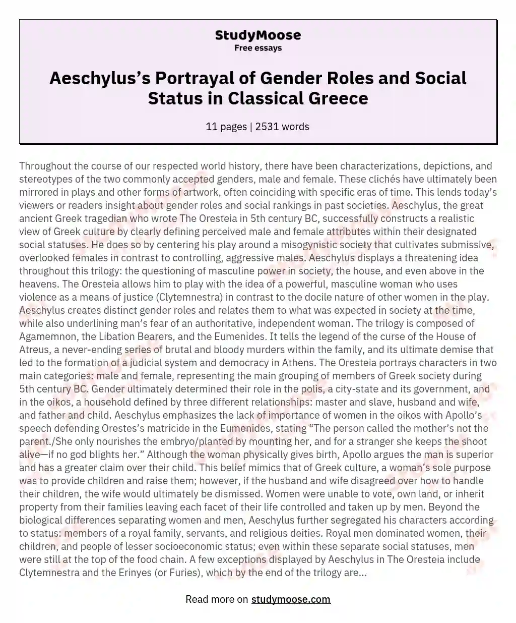Aeschylus’s Portrayal of Gender Roles and Social Status in Classical Greece essay
