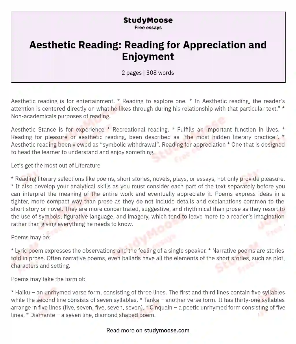 Aesthetic Reading: Reading for Appreciation and Enjoyment