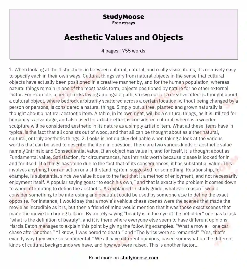 Aesthetic Values and Objects essay