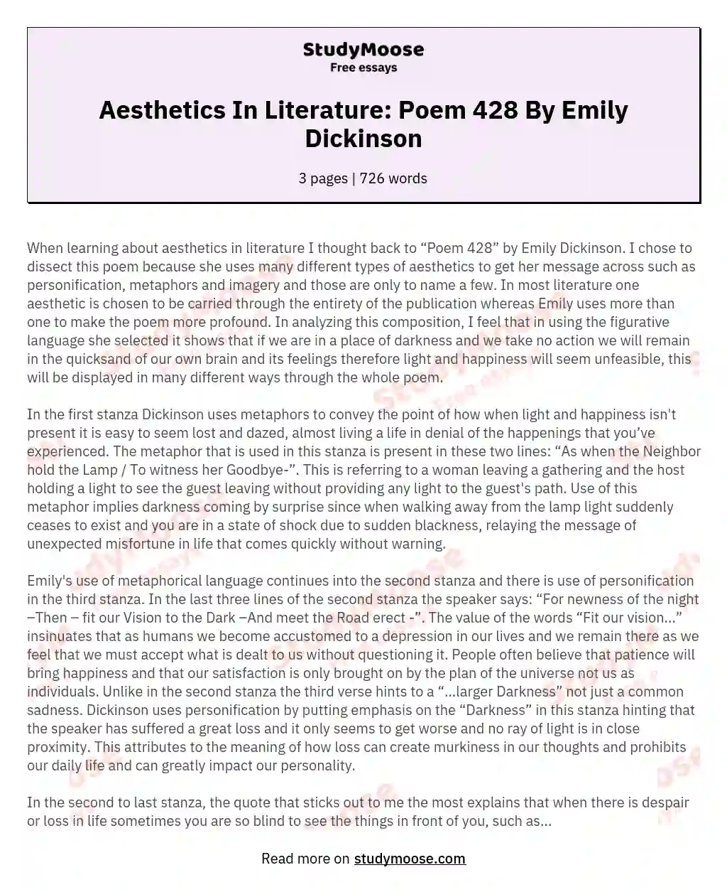 Aesthetics In Literature: Poem 428 By Emily Dickinson essay