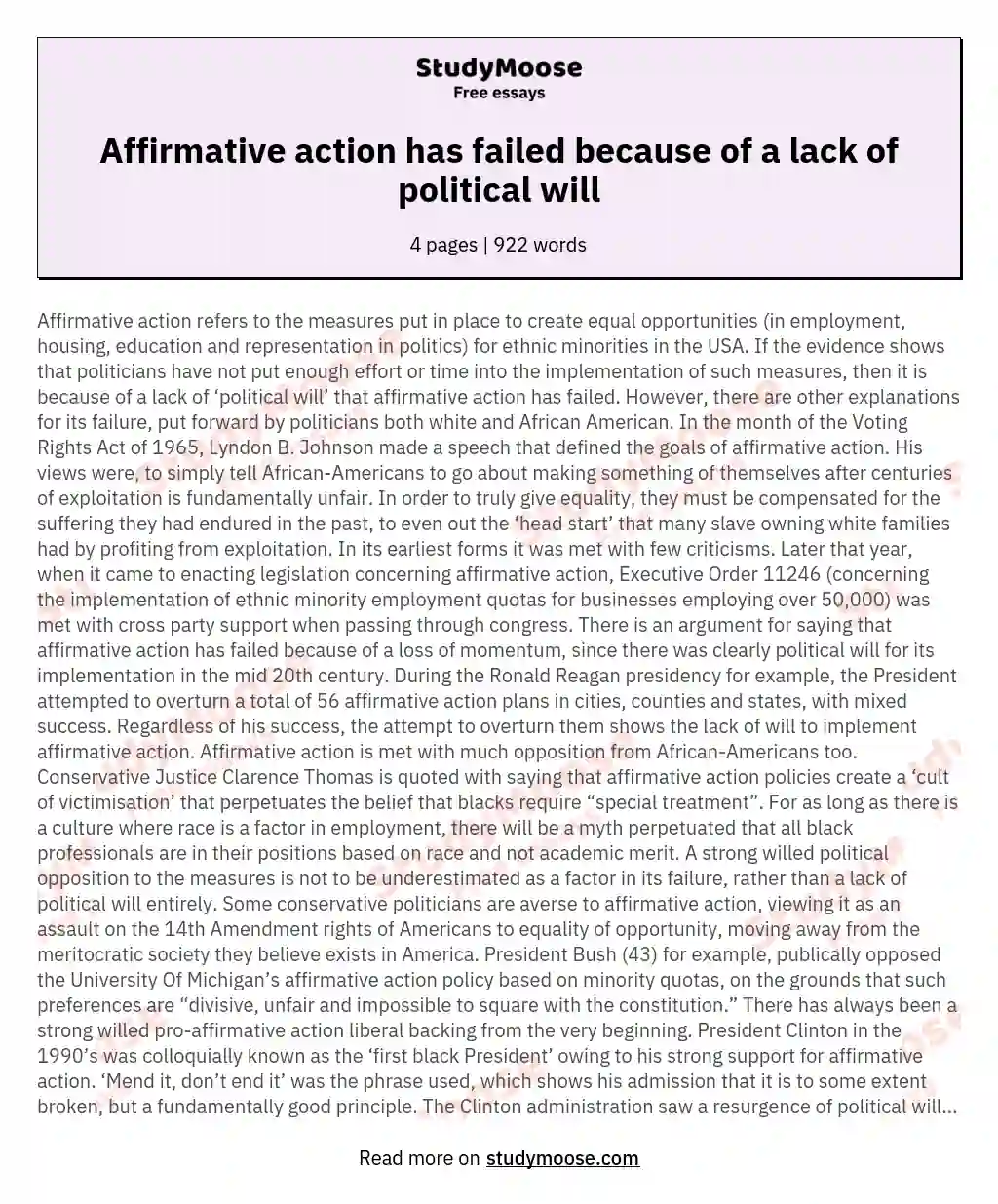 Affirmative action has failed because of a lack of political will essay