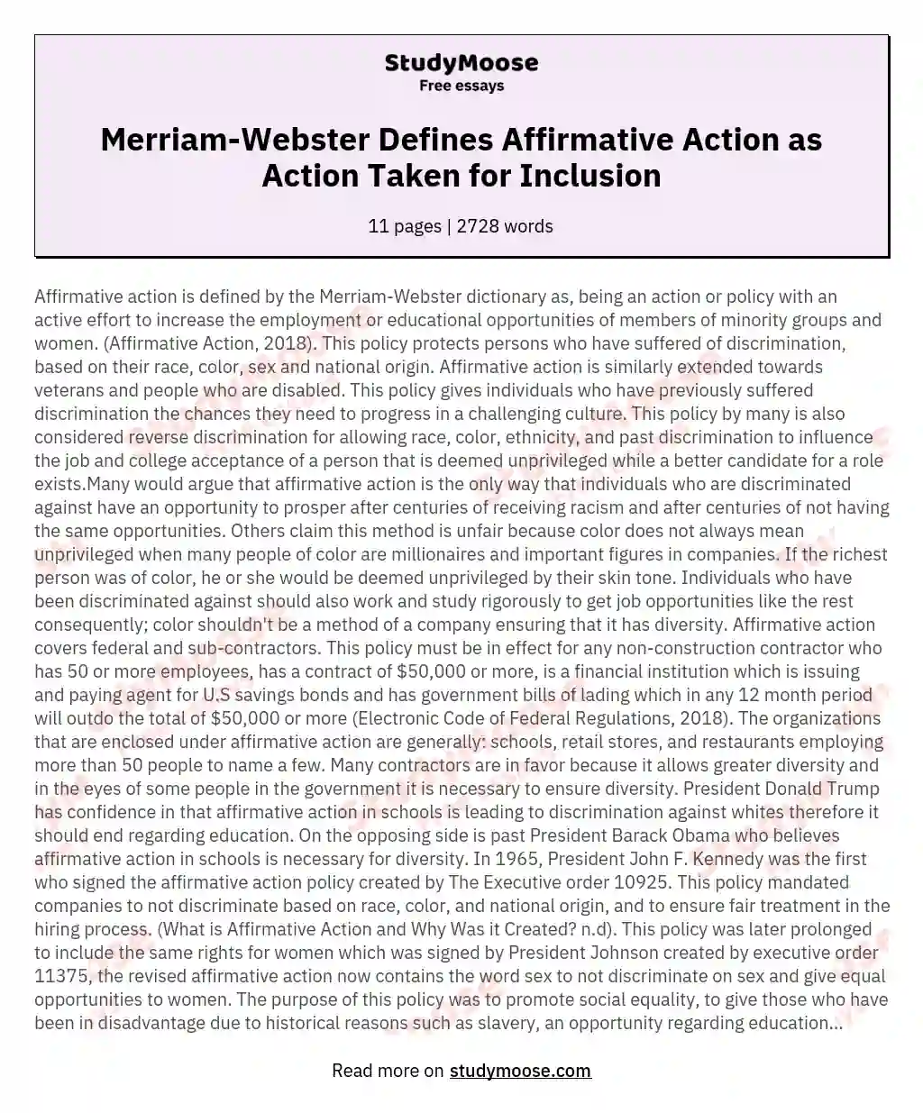 Affirmative action is defined by the MerriamWebster dictionary as being an action