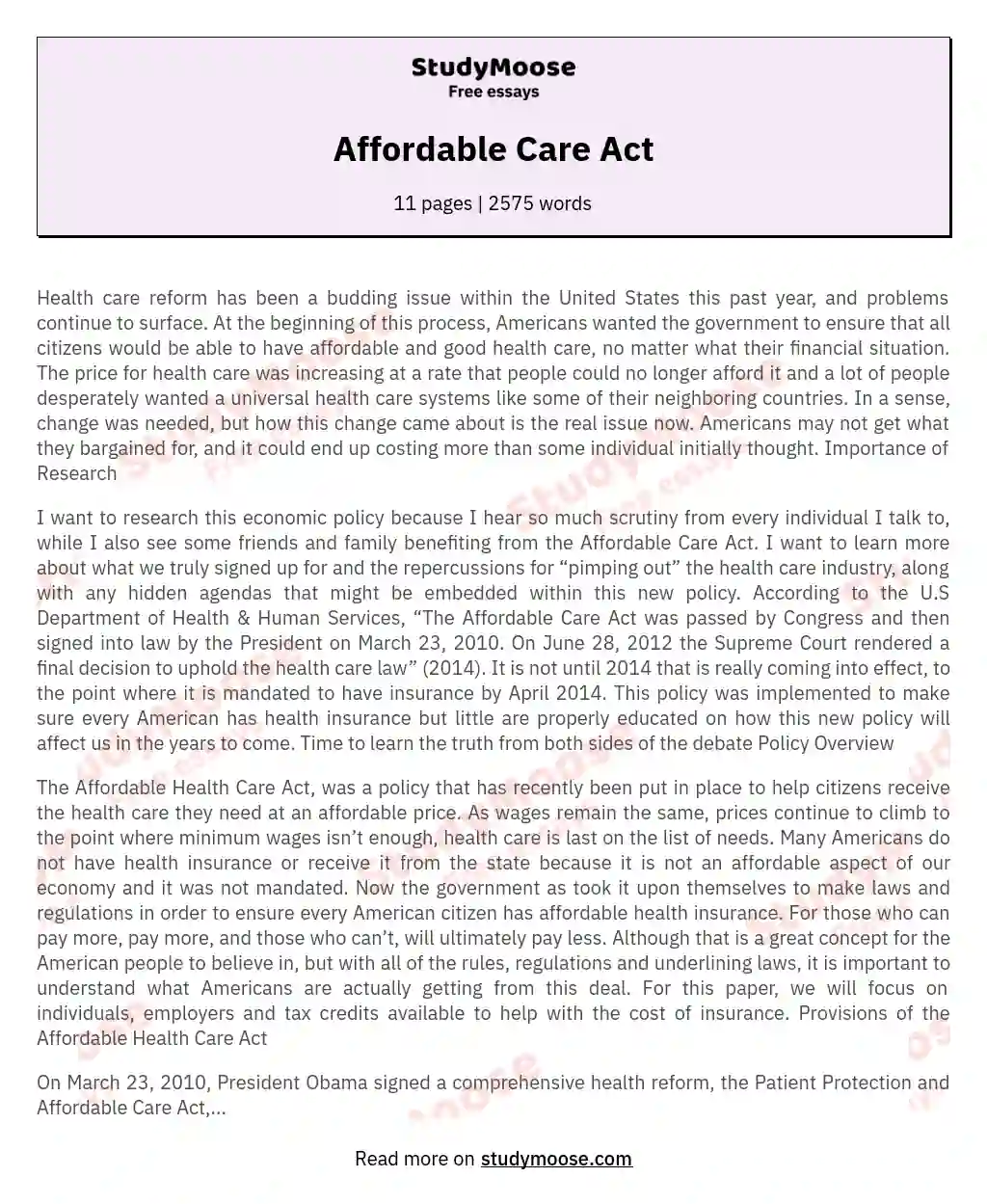 The Affordable Care Act: Impact and Implications essay