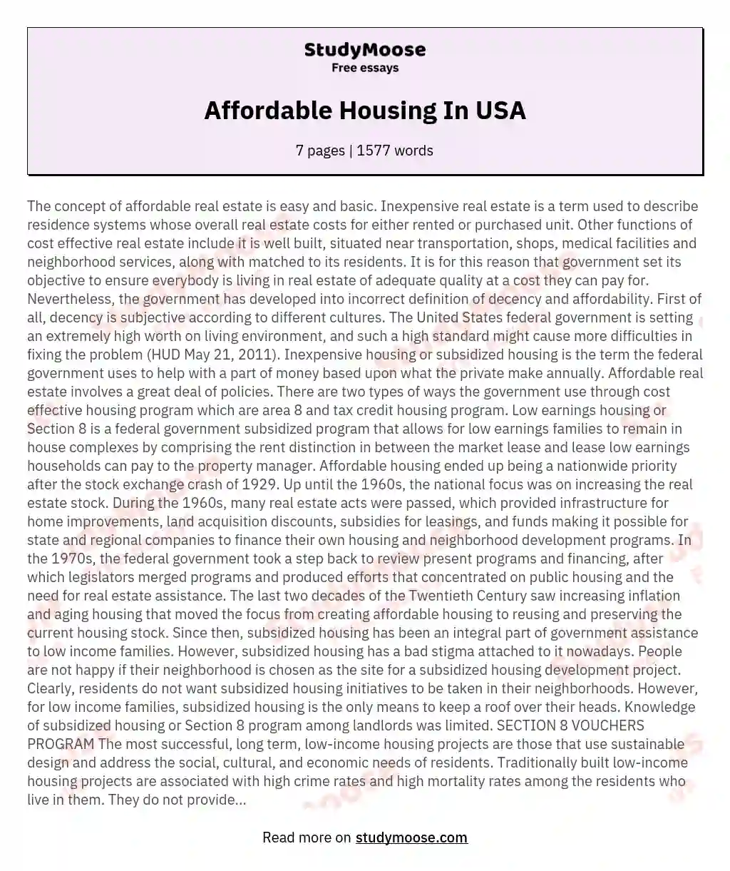 Affordable Housing In USA essay