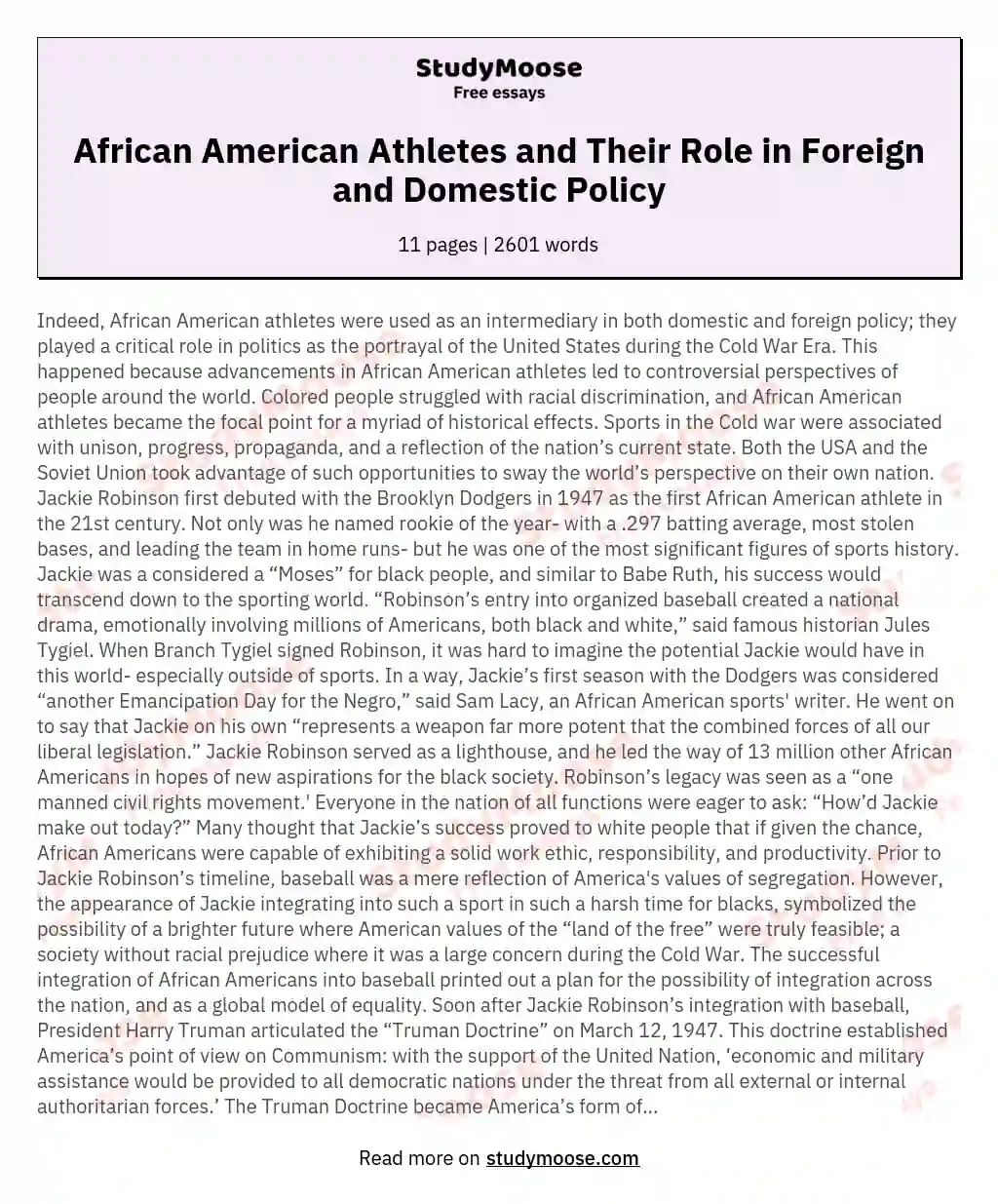 African American Athletes and Their Role in Foreign and Domestic Policy essay