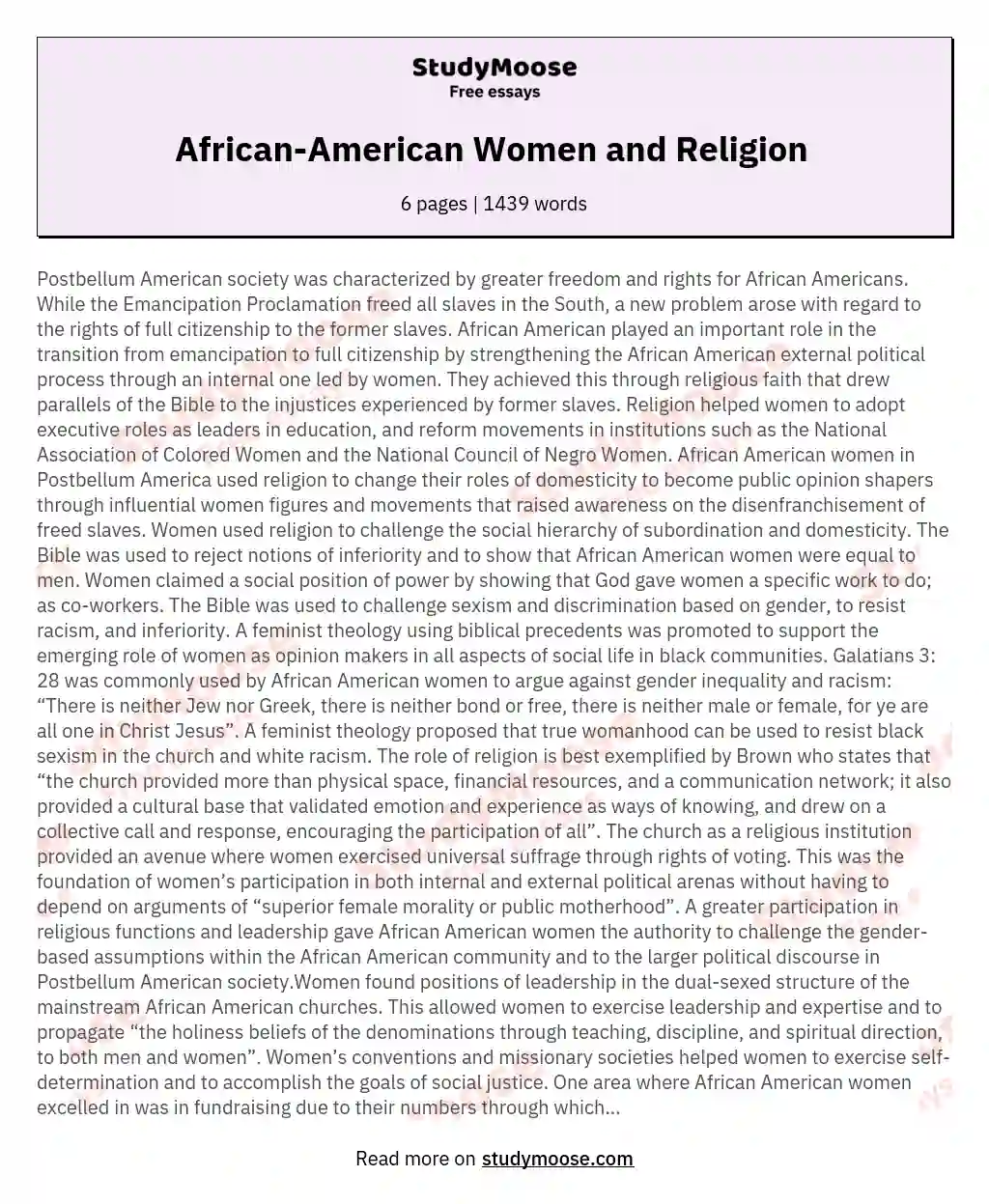 African-American Women and Religion  essay