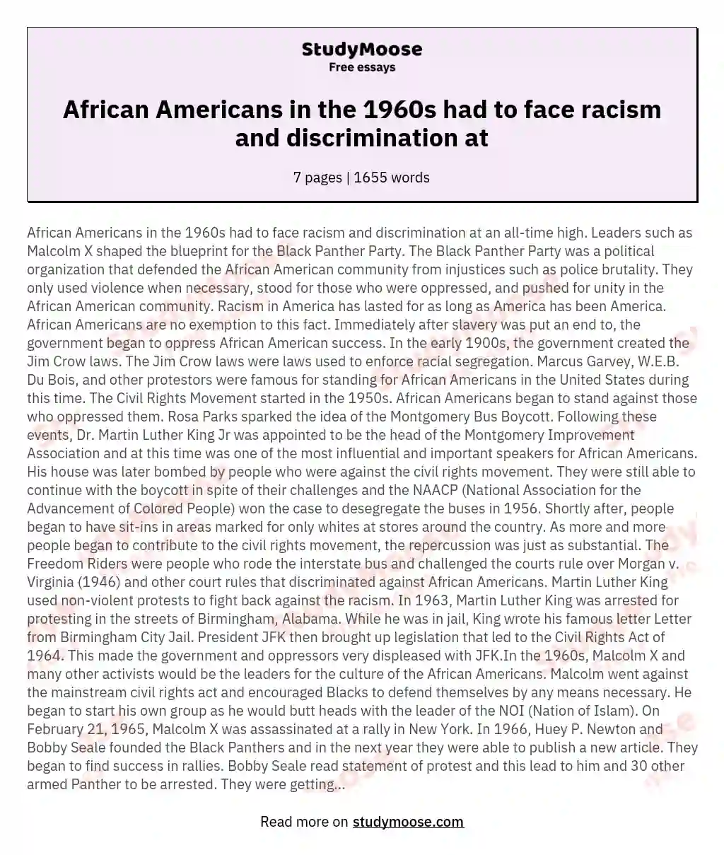 African Americans in the 1960s had to face racism and discrimination at essay