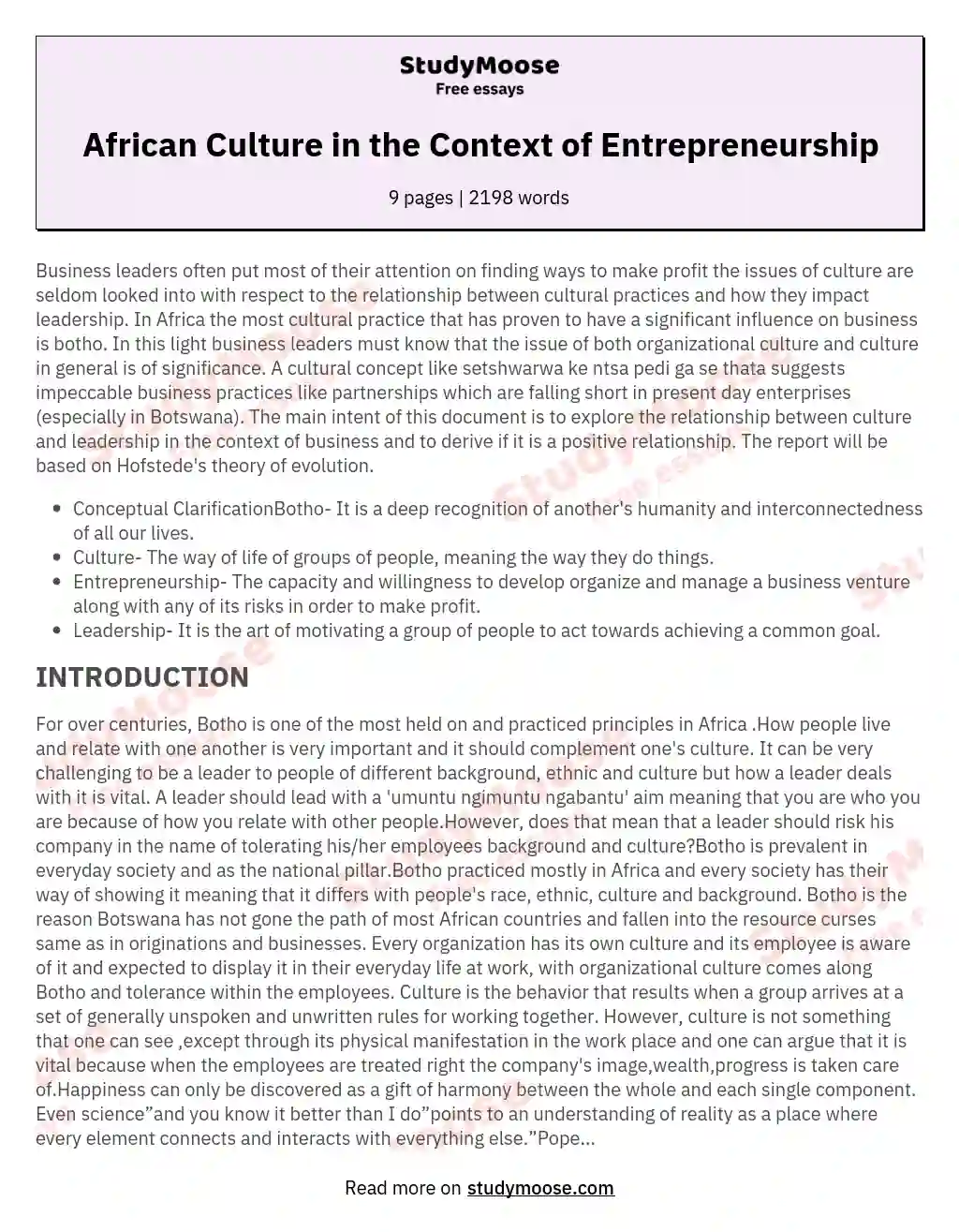 African Culture in the Context of Entrepreneurship essay