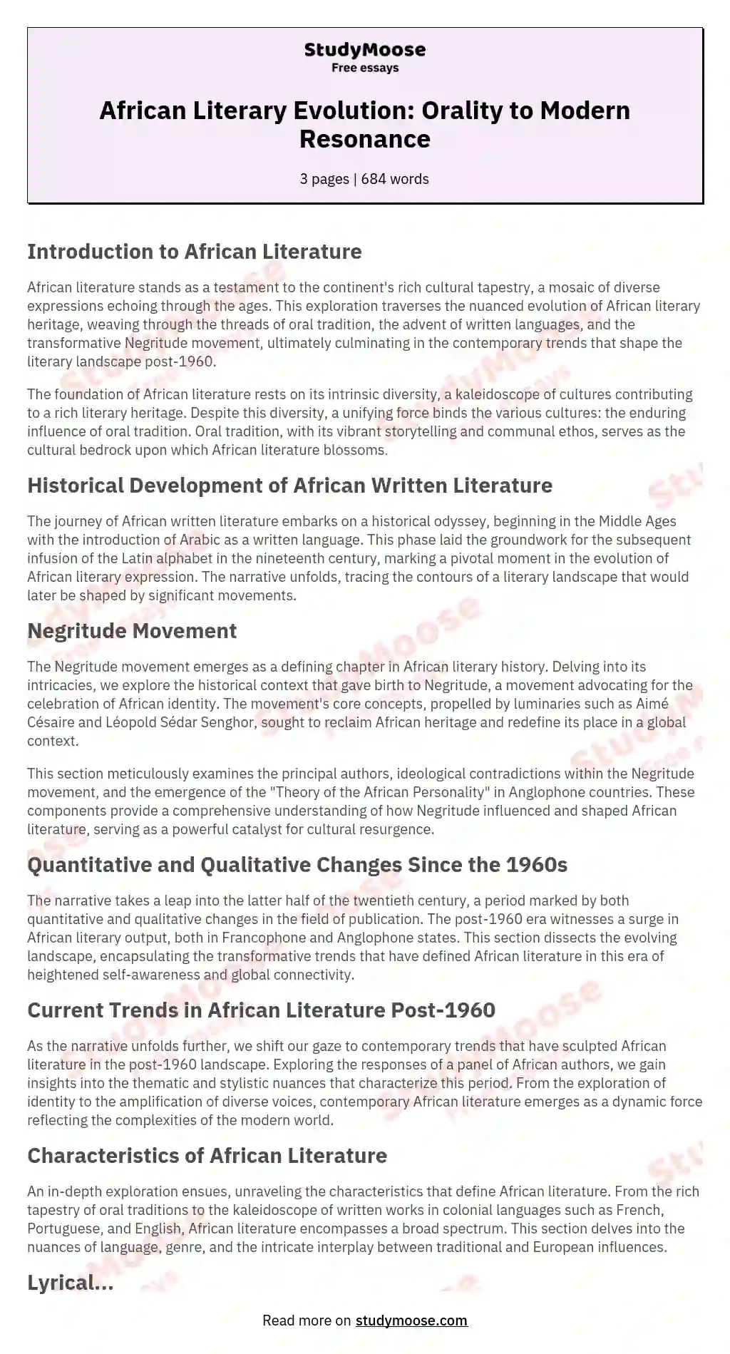 African Literary Evolution: Orality to Modern Resonance essay