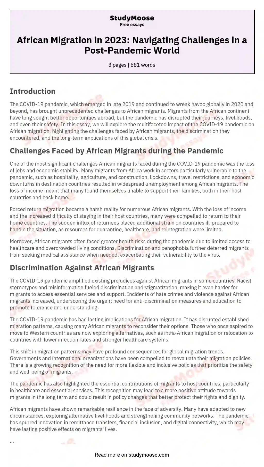 African Migration in 2023: Navigating Challenges in a Post-Pandemic World essay