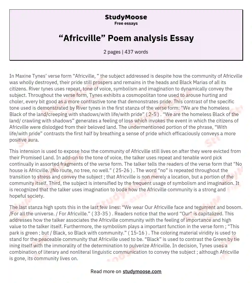 “Africville” Poem analysis Essay essay