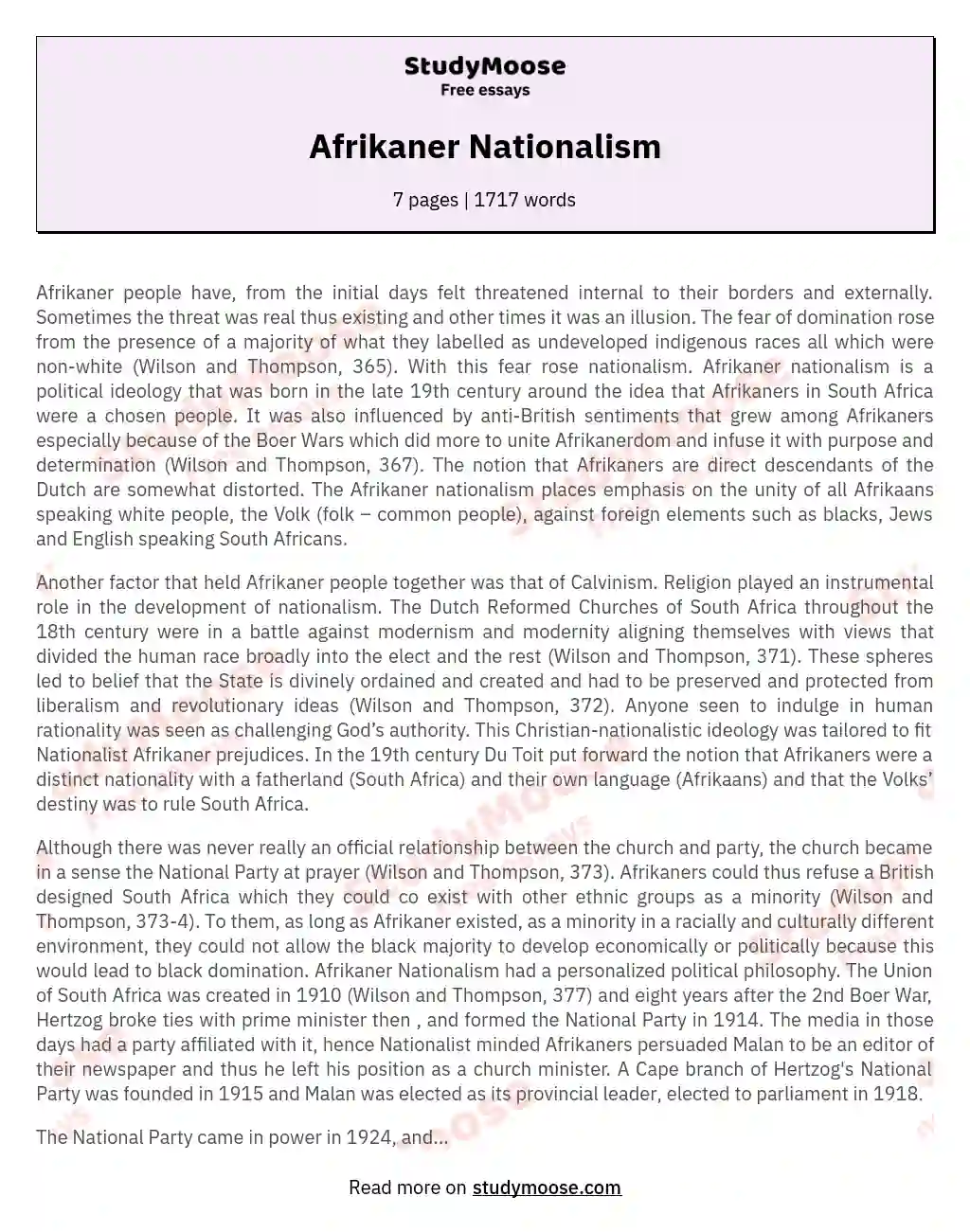 Afrikaner Nationalism essay