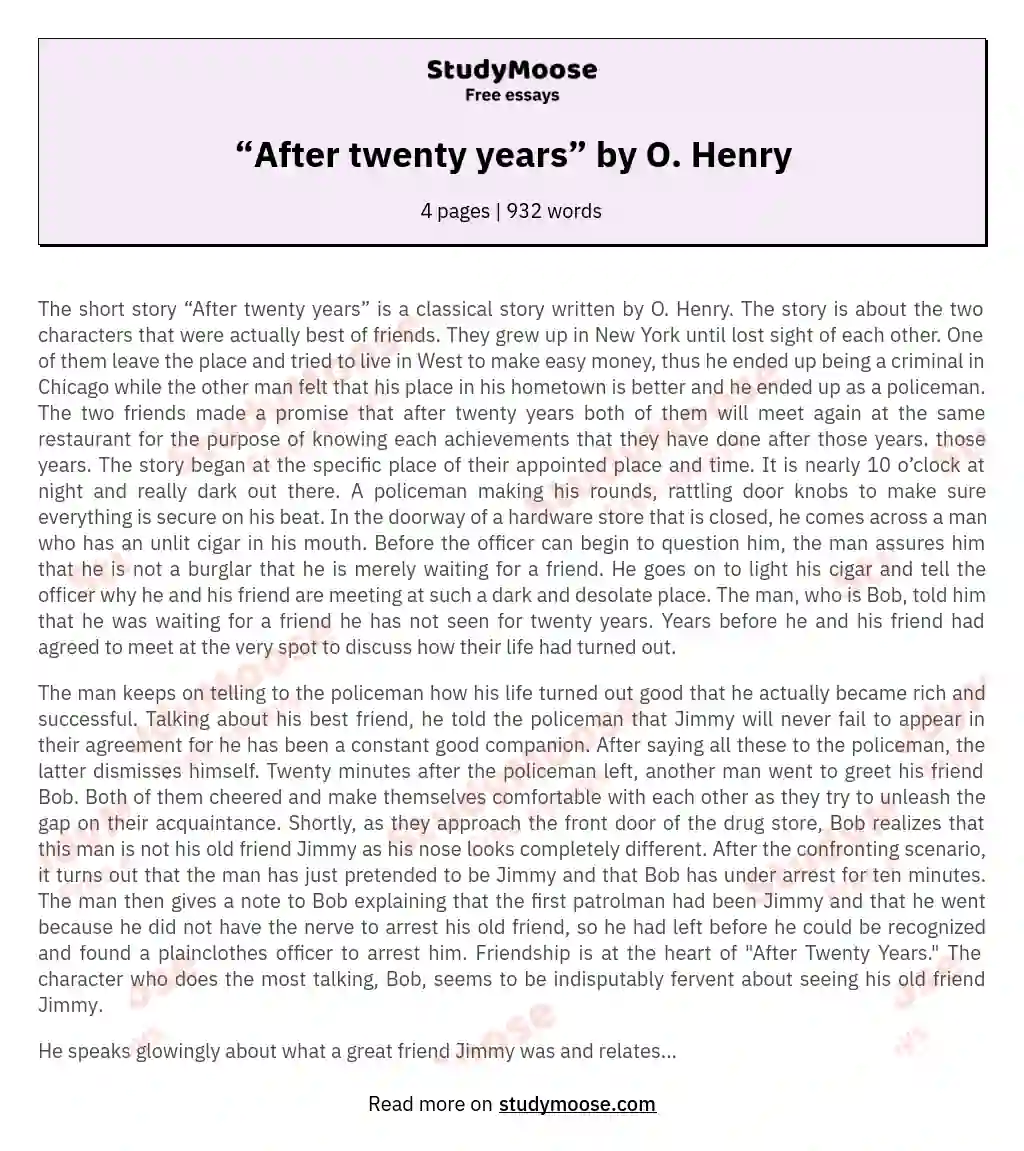 “After twenty years” by O. Henry essay