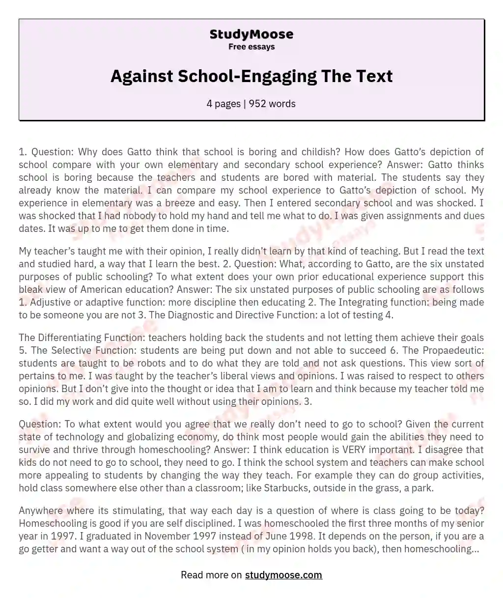 Against School-Engaging The Text essay