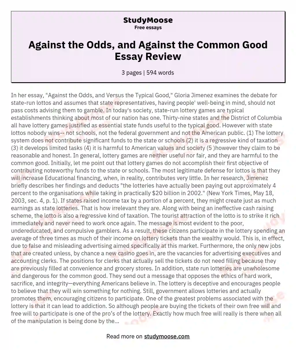 Against the Odds, and Against the Common Good Essay Review