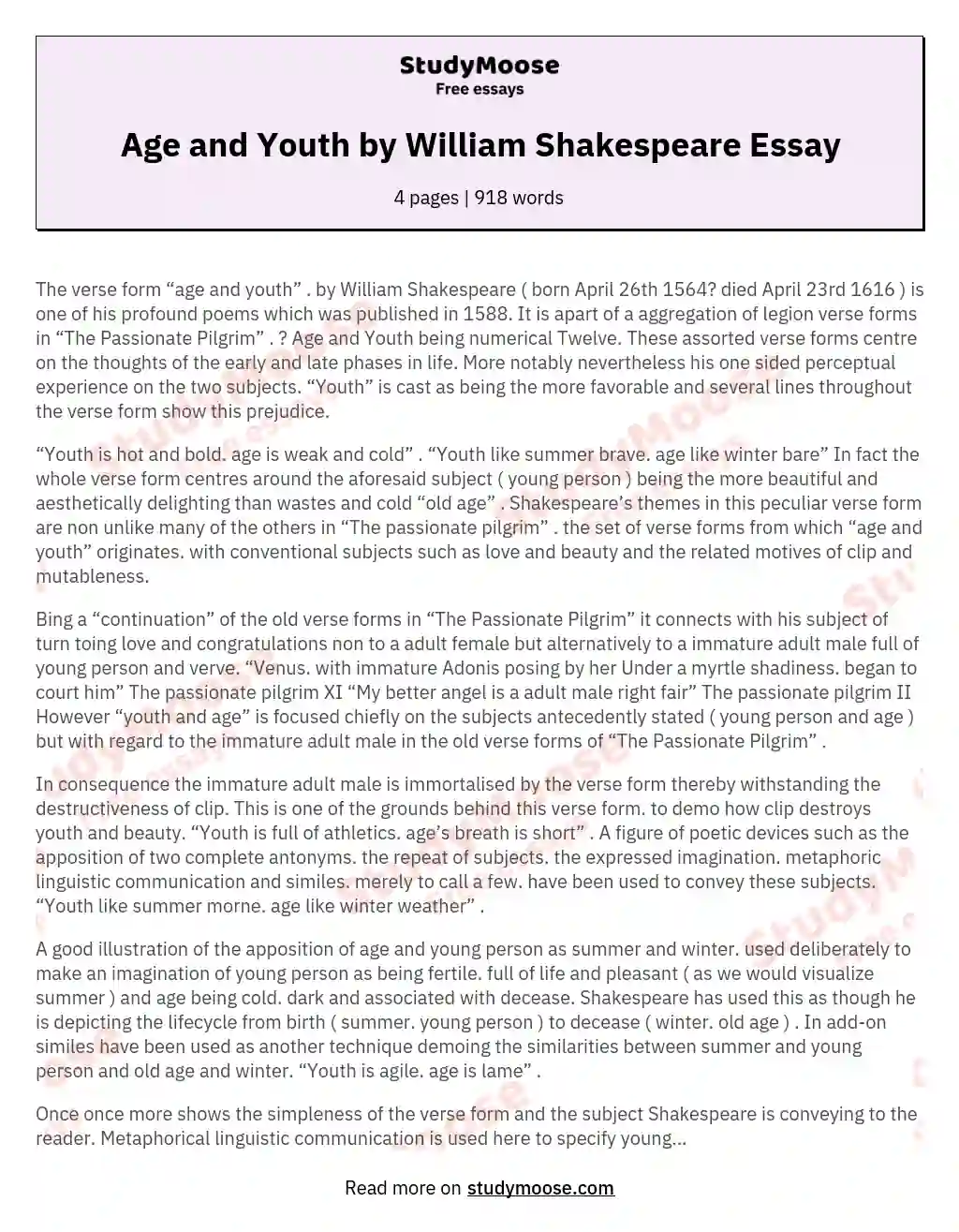 Age and Youth by William Shakespeare Essay essay
