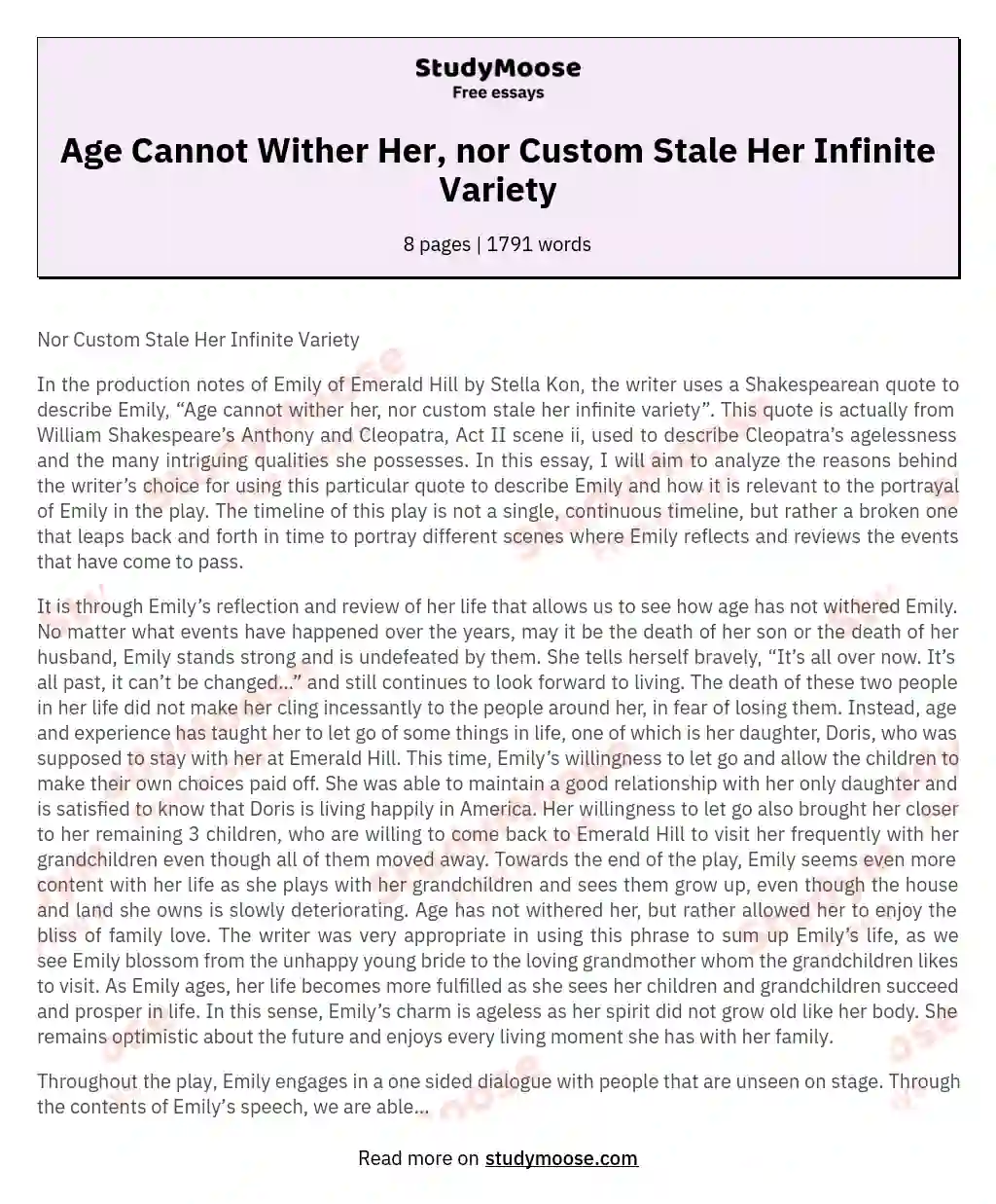 Age Cannot Wither Her, nor Custom Stale Her Infinite Variety essay