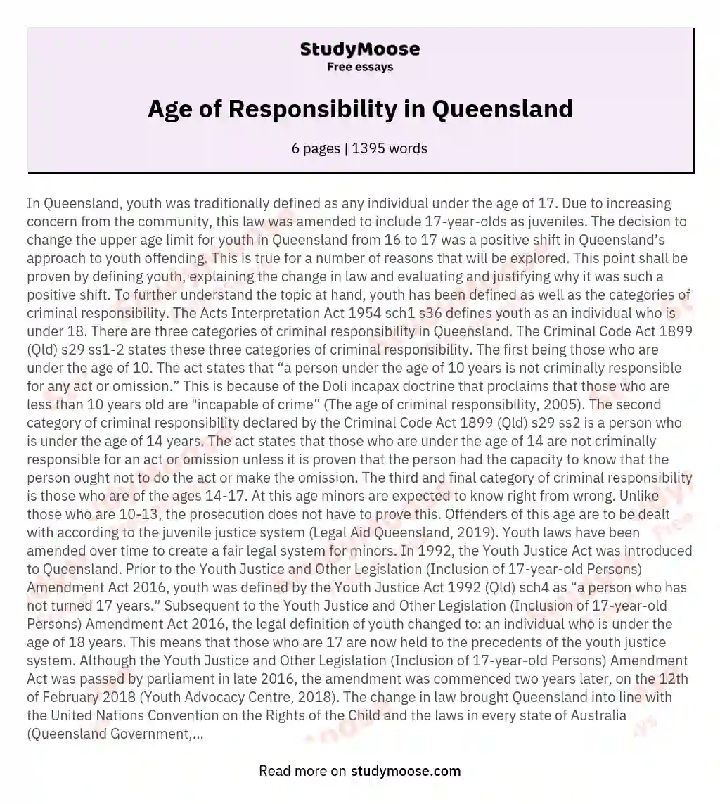 Age of Responsibility in Queensland essay