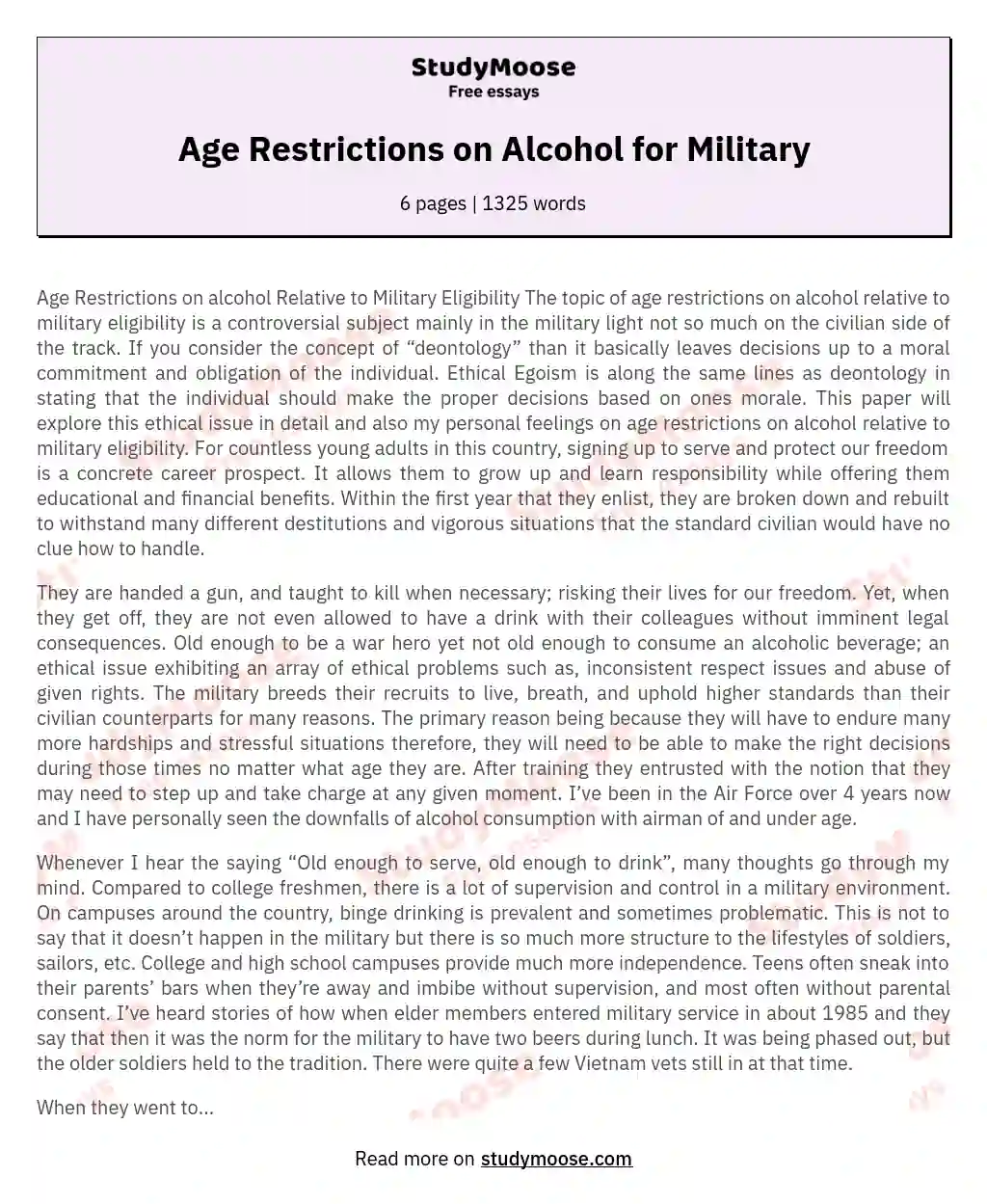 Age Restrictions on Alcohol for Military essay