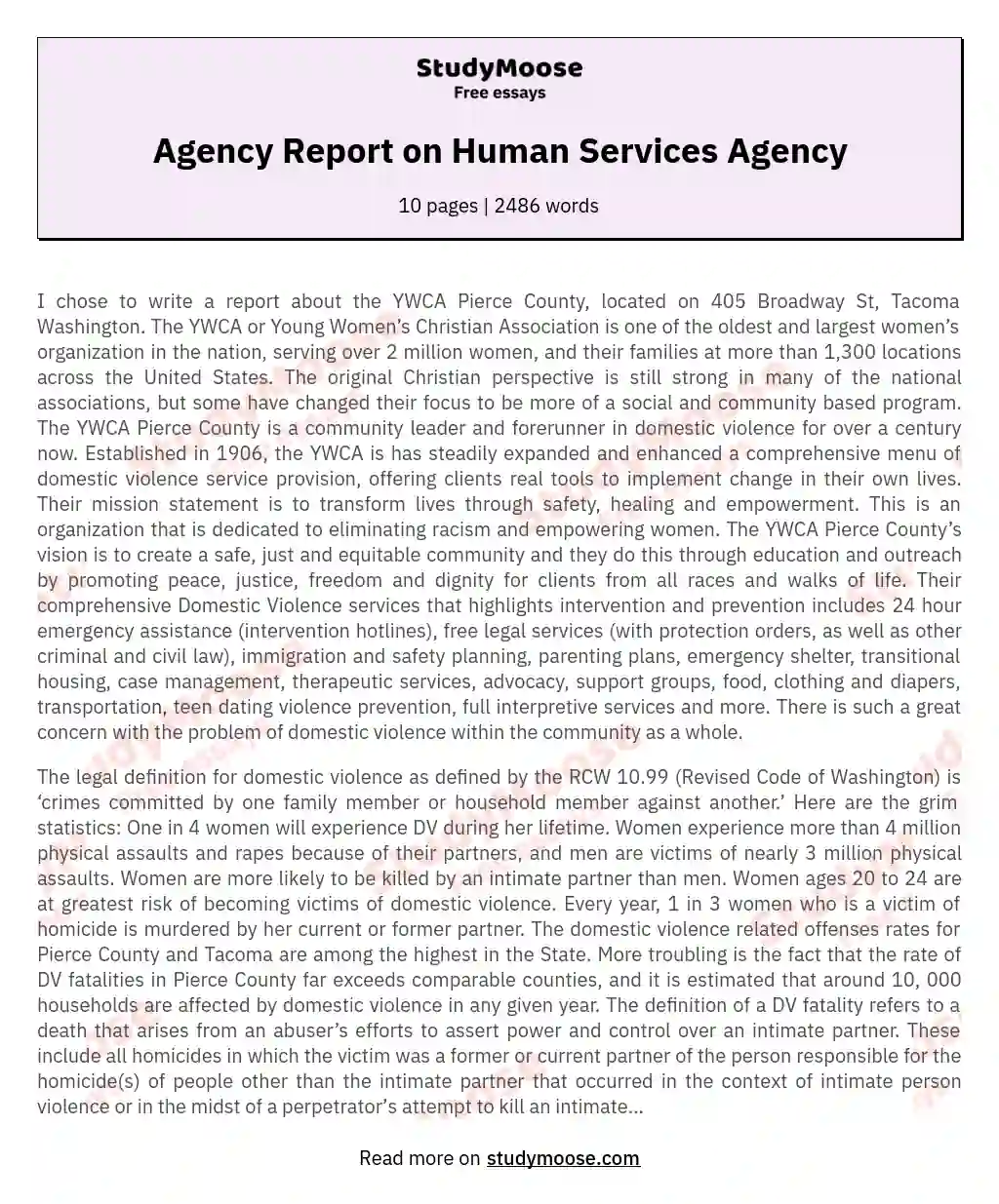 Agency Report on Human Services Agency