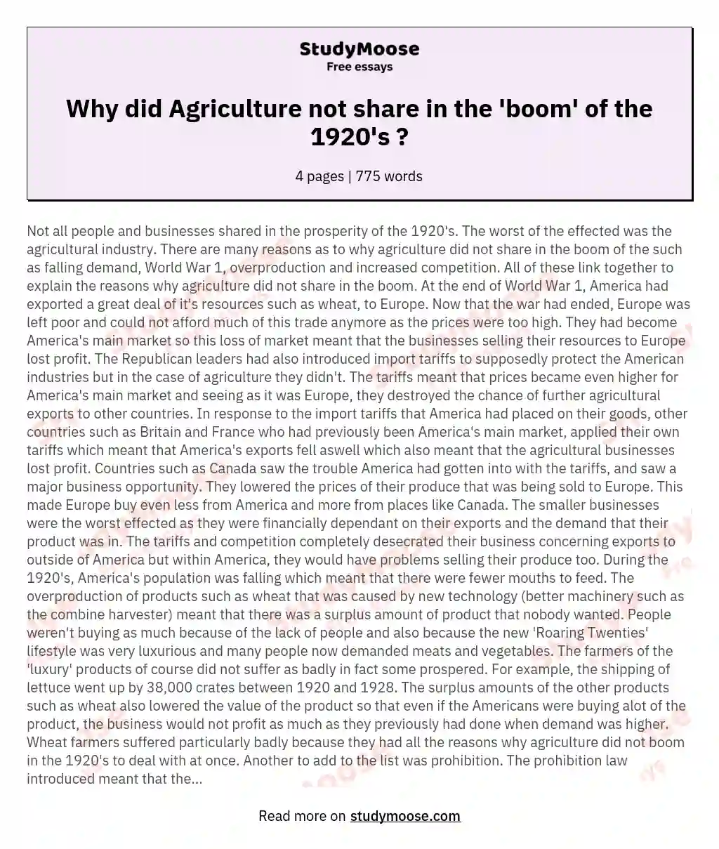 Why did Agriculture not share in the 'boom' of the 1920's ? essay
