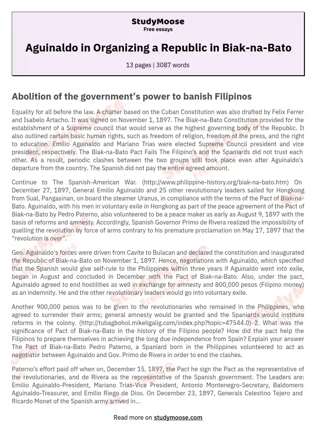 Aguinaldo in Organizing a Republic in Biak-na-Bato essay
