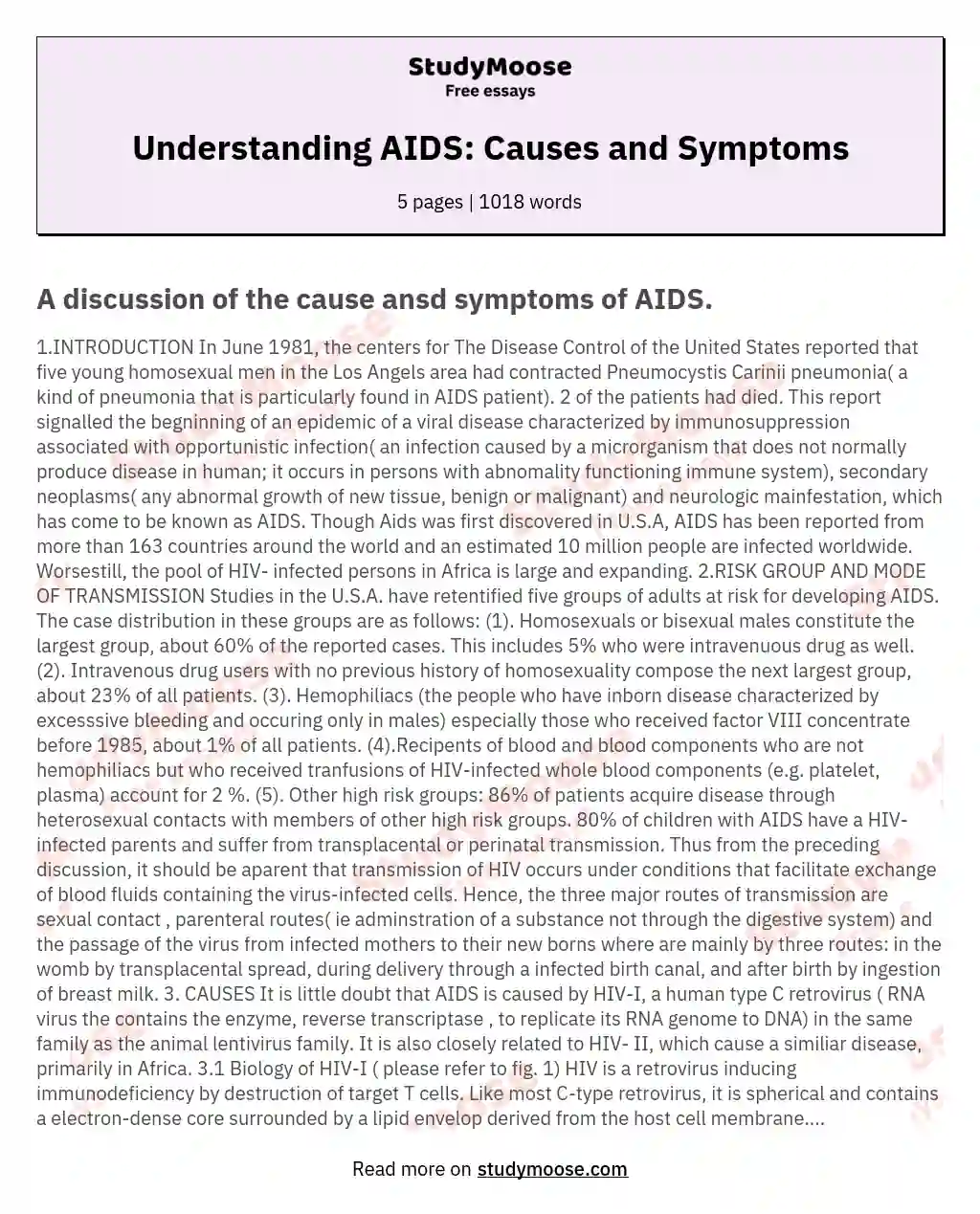 Understanding AIDS: Causes and Symptoms essay