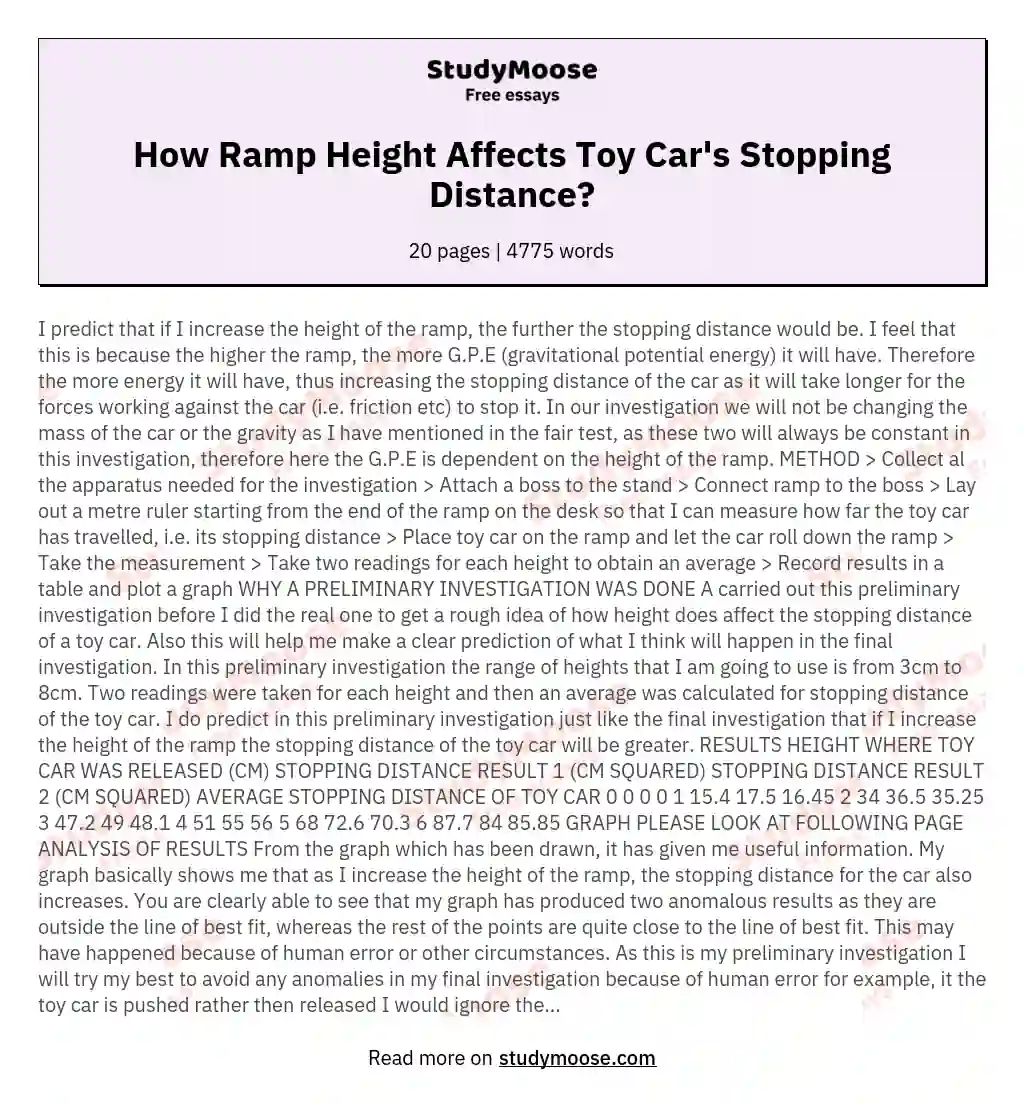 How Ramp Height Affects Toy Car's Stopping Distance? essay