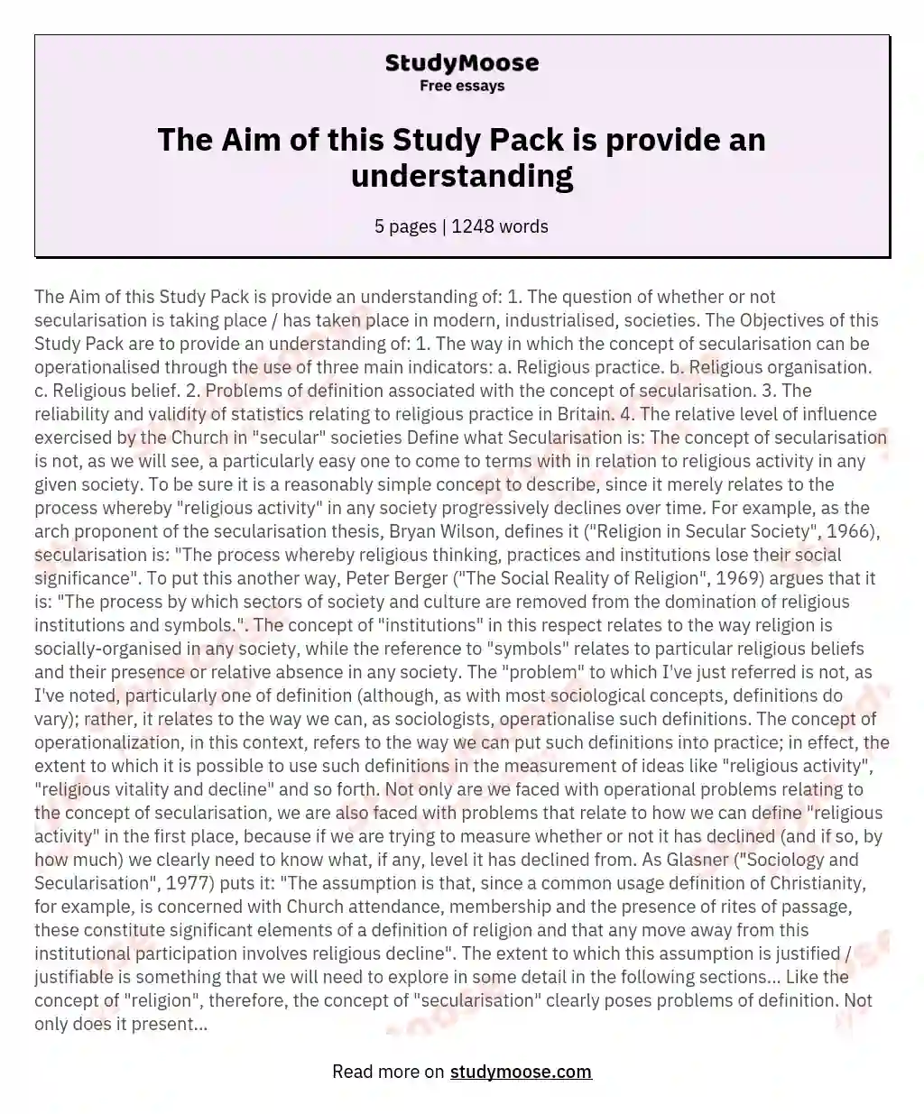 The Aim of this Study Pack is provide an understanding essay