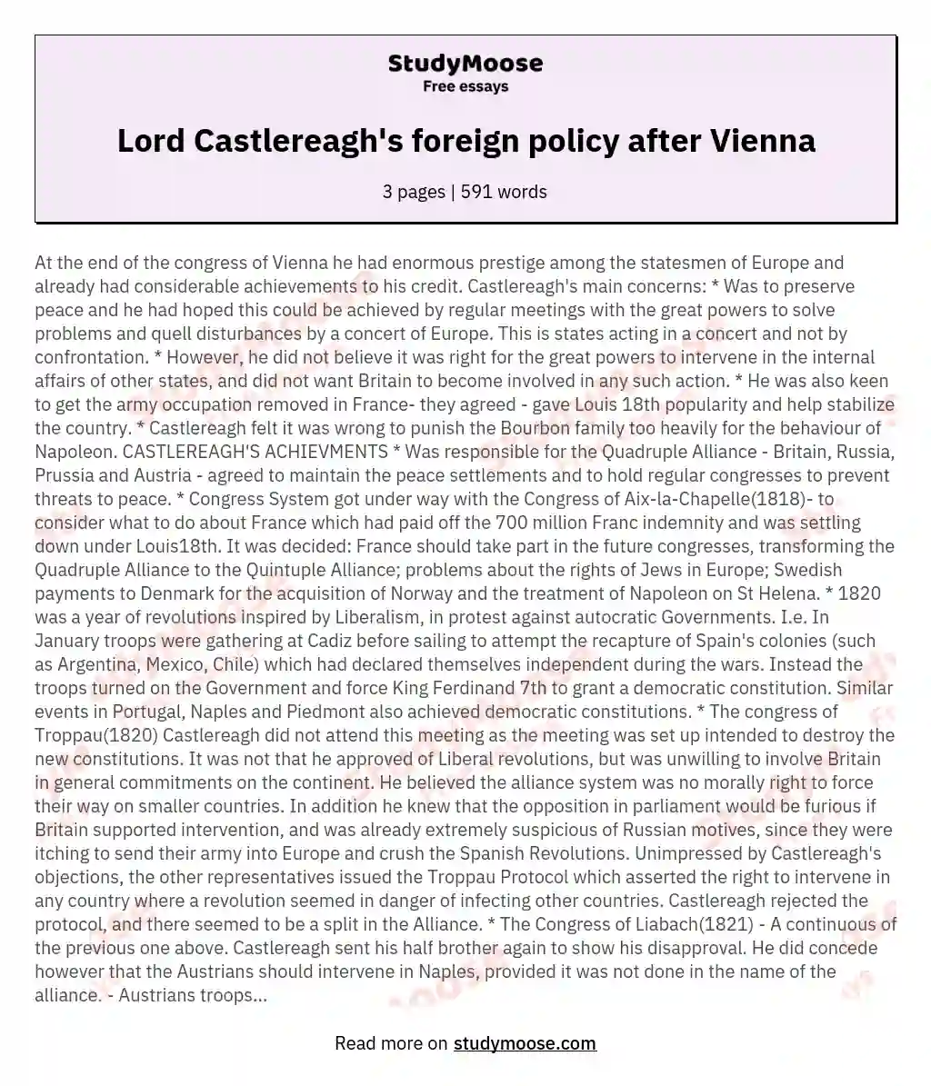 What were the aims and achievements of Lord Castlereagh in foreign affairs after the Congress of Vienna?