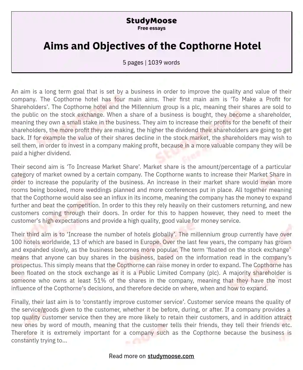 Aims and Objectives of the Copthorne Hotel essay