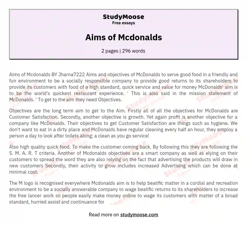 Aims of Mcdonalds essay