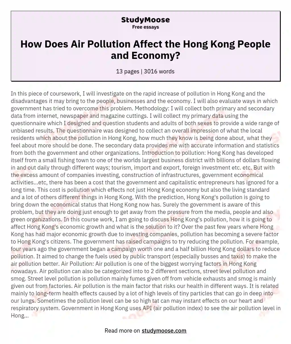 How Does Air Pollution Affect the Hong Kong People and Economy? essay