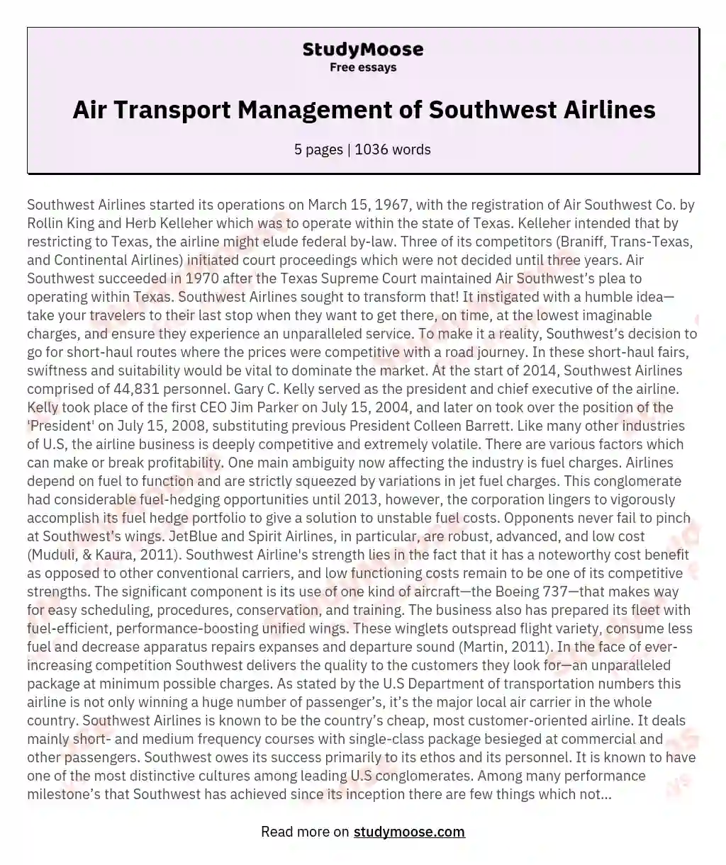 Air Transport Management of Southwest Airlines essay