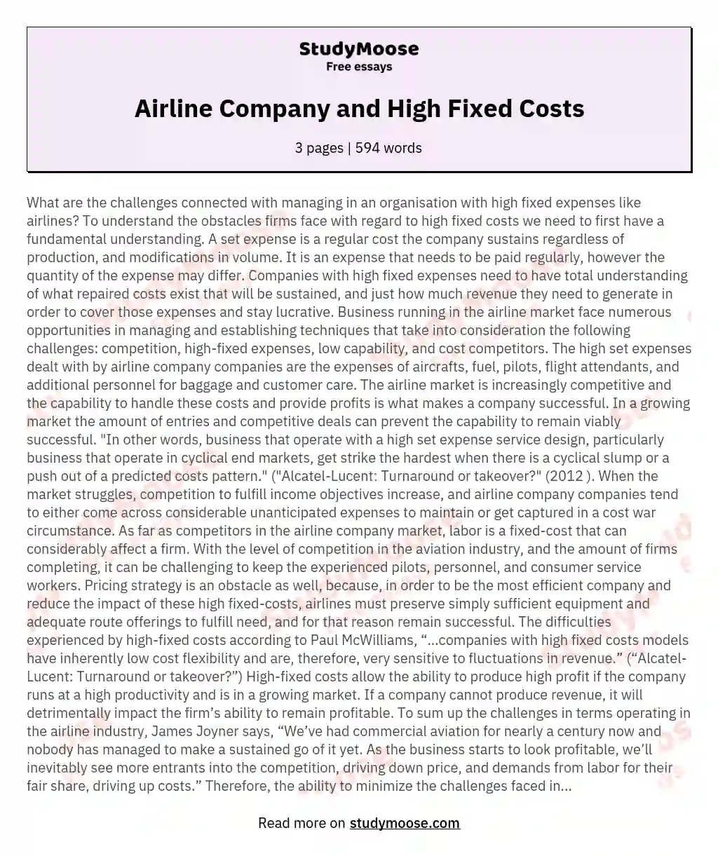 Airline Company and High Fixed Costs essay