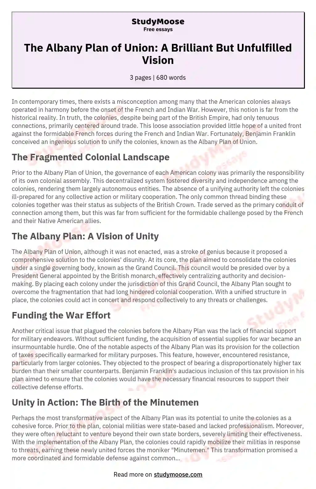 The Albany Plan of Union: A Brilliant But Unfulfilled Vision essay