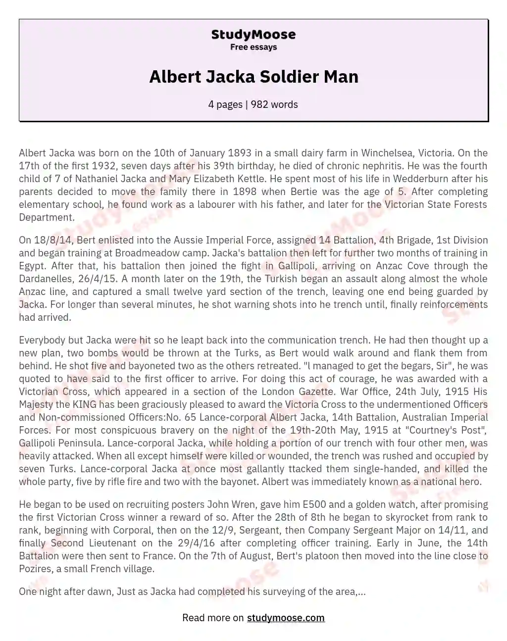 Albert Jacka Soldier Man essay