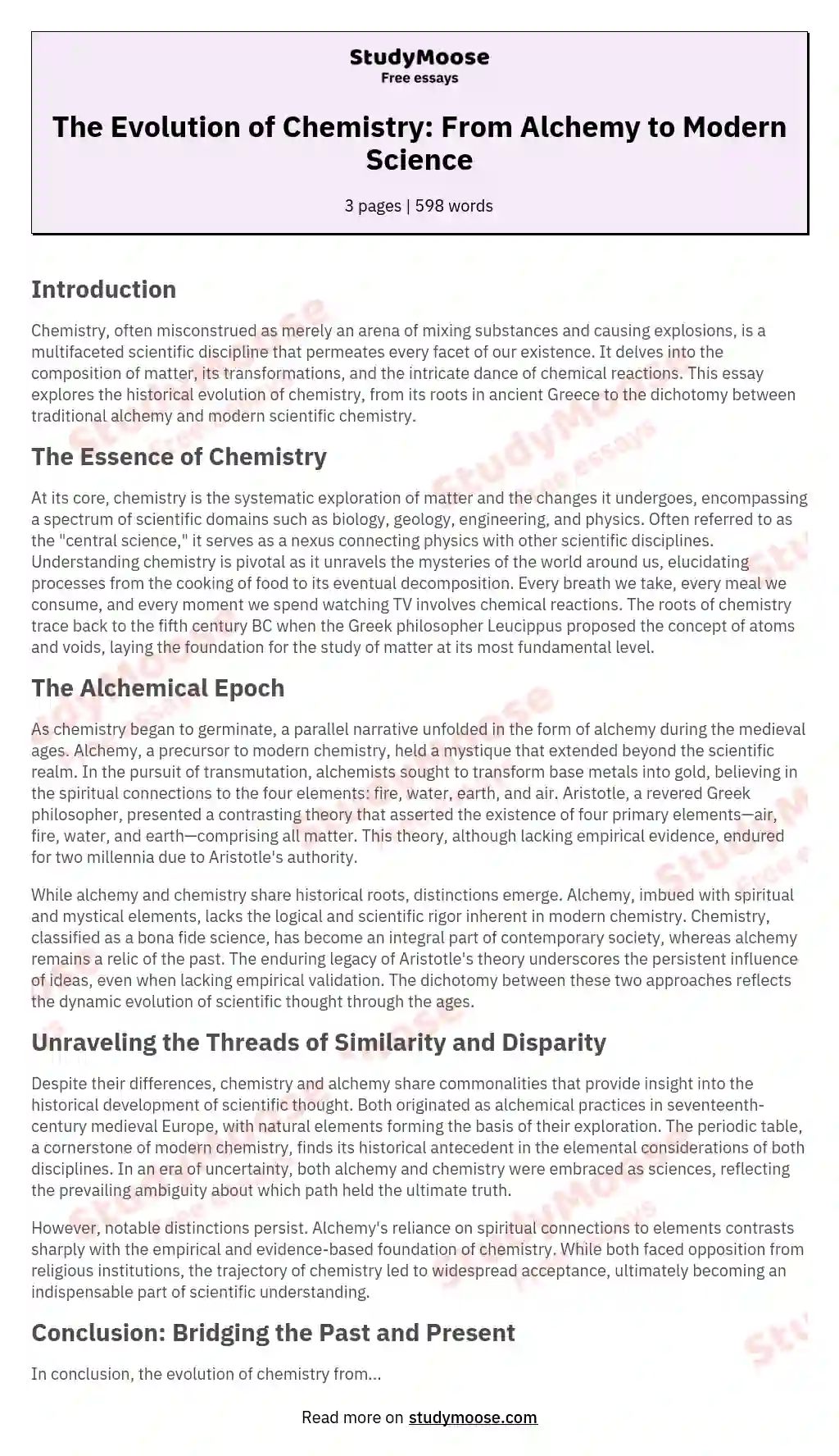 The Evolution of Chemistry: From Alchemy to Modern Science essay