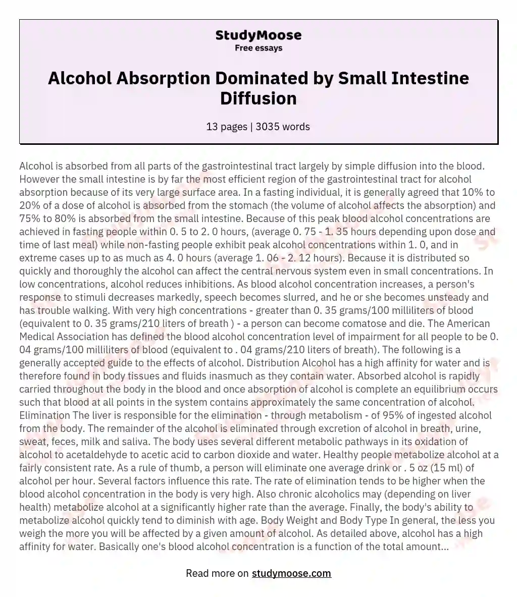 Alcohol Absorption Dominated by Small Intestine Diffusion essay