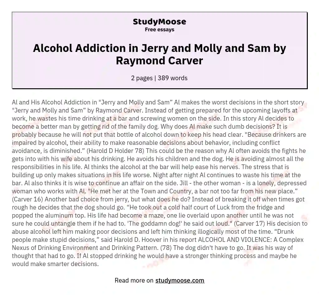Alcohol Addiction in Jerry and Molly and Sam by Raymond Carver essay