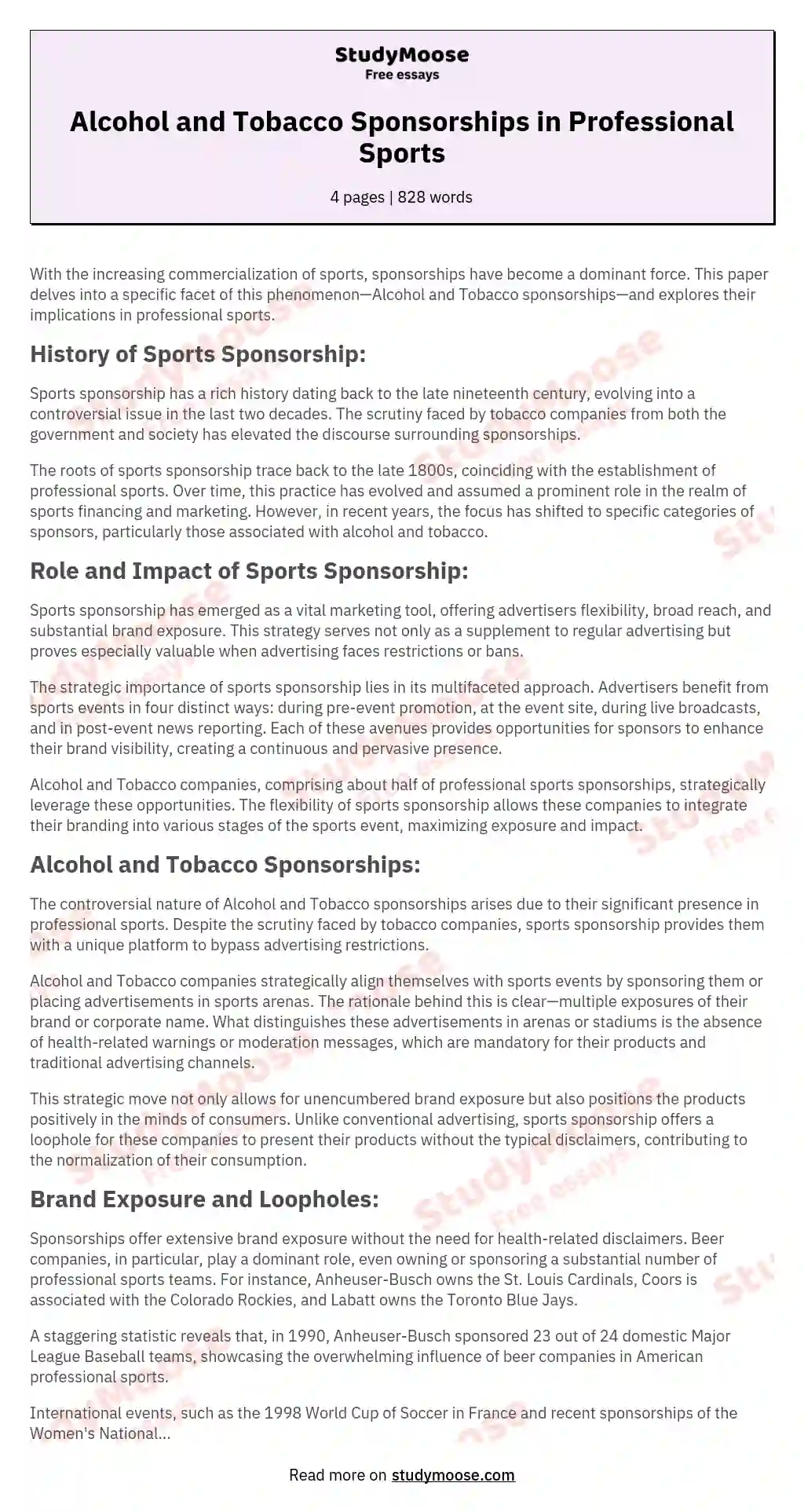 Alcohol and Tobacco Sponsorships in Professional Sports essay