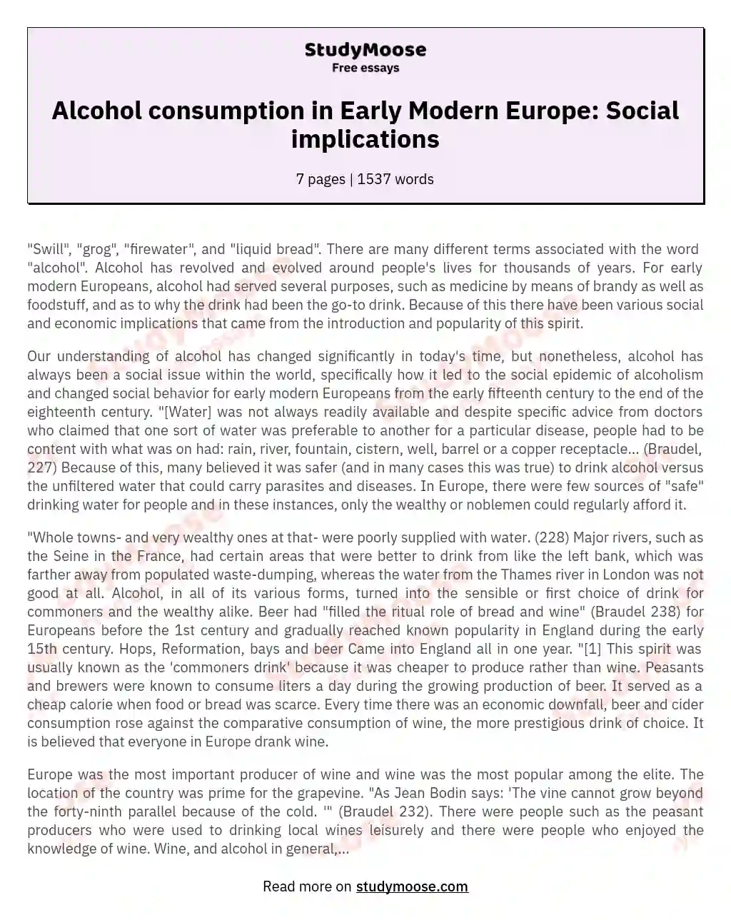 Alcohol consumption in Early Modern Europe: Social implications