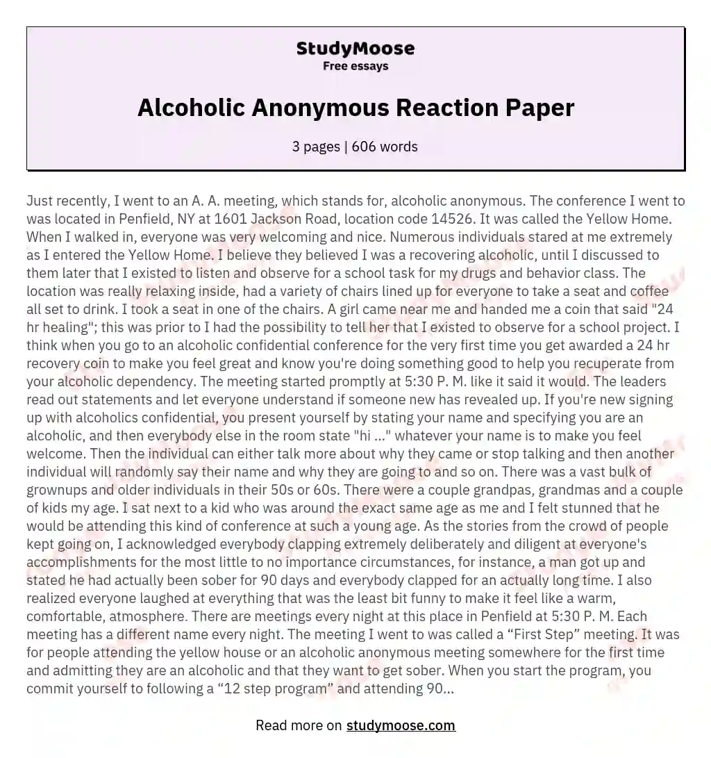 Alcoholic Anonymous Reaction Paper essay