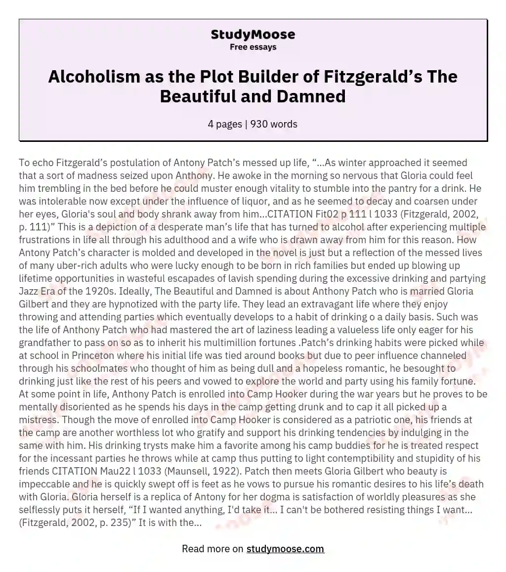 Alcoholism as the Plot Builder of Fitzgerald’s The Beautiful and Damned