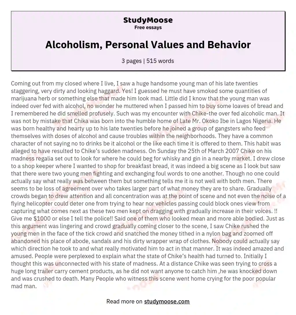 Alcoholism, Personal Values and Behavior